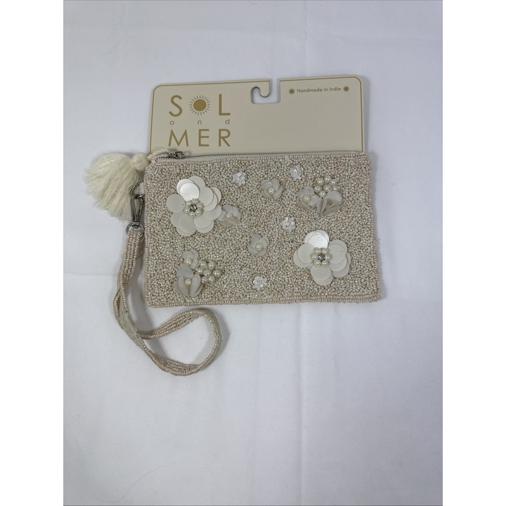Sol And Mer Ivory Beaded Floral Wristlet Clutch Bachelorette Party Wedding Glam